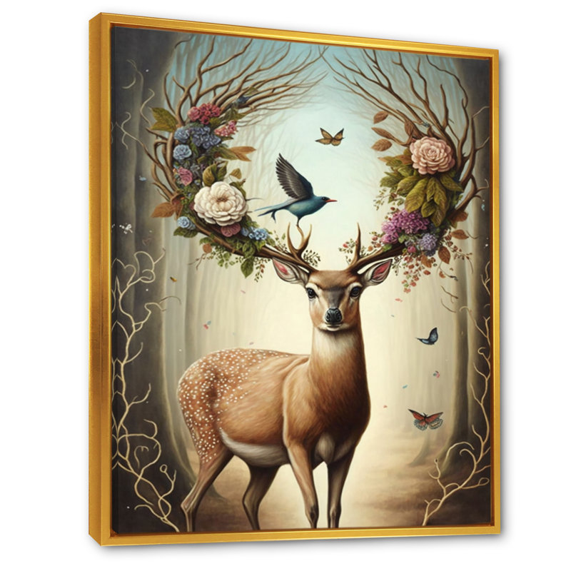 " Deer With Blooming Antlers V ", Gold Floater Framed Canvas, 44" H x 34" W x 1.5" D