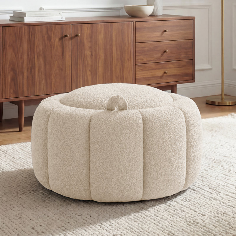 27.5'' Upholstered Round Storage Ottoman,  Teddy - Beige