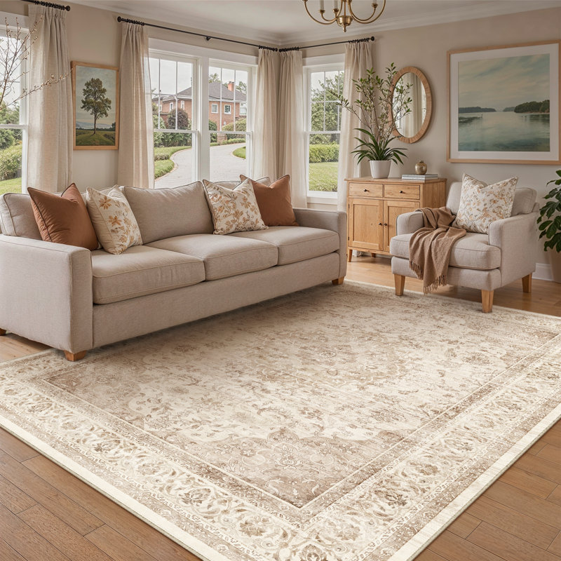 Stella Oriental Beige Area Rug with Non-Slip Backing & Roll-Pack Design, Rectangle 8' x 10', Beige