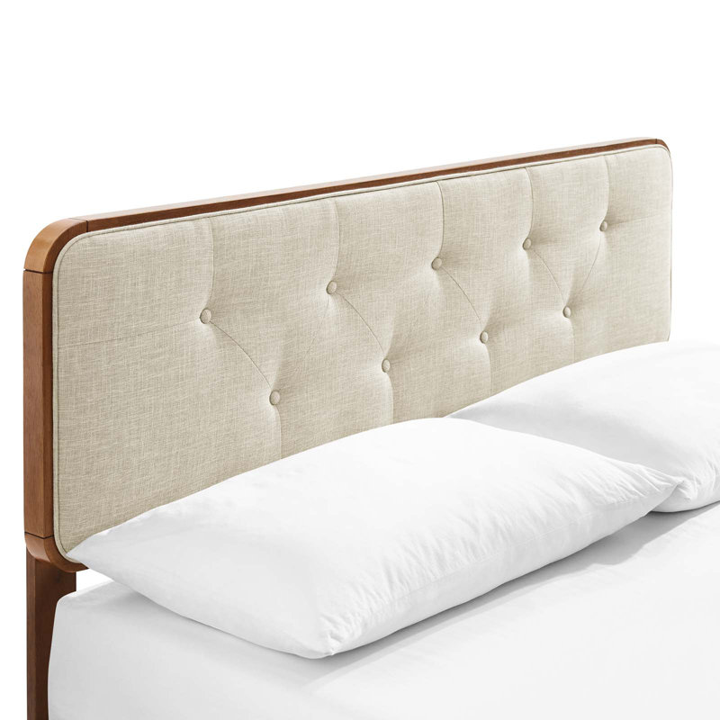 Lit plateforme en bois Bridgette avec pieds évasés, Double, Noyer / beige
