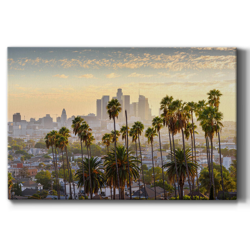 22_Downtown Los Angeles At Sunset, toile tendue avec châssis de qualité supérieure - prête à être accrochée