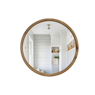 Round Wood Framed Wall Mirror, 35.43 Inch Natural Wooden Circle for Modern and Rustic Decor, Perfect for Bathroom and Bedroom