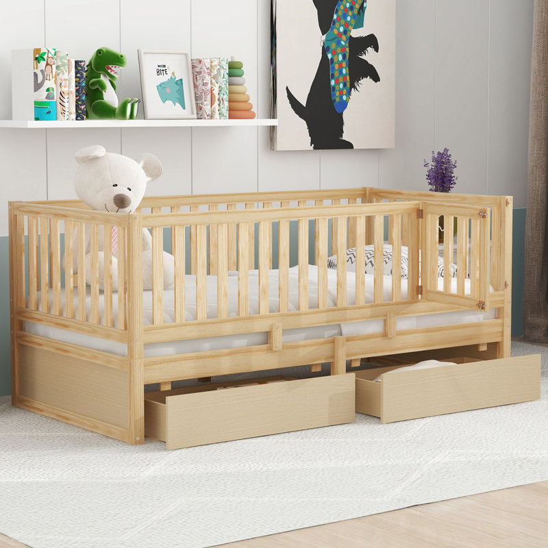 Jordee Wood Daybed with Fence Guardrails and 2 Drawers, White, Full / Double