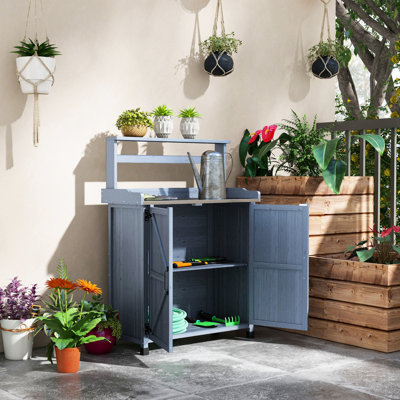Outdoor Wooden Potting Desk With Storage, Galvanized Surface, , Gray Bench 2 Shelves, Top, Slip Feet, For Garden, Yard, Backyard,