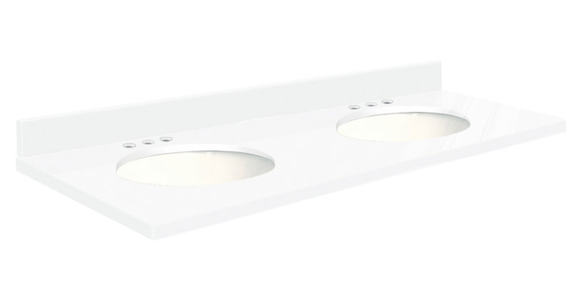Plateau de salle de bain double 61 po meuble-lavabo, Blanc, Cristal Nano, Centré de 8 pouces