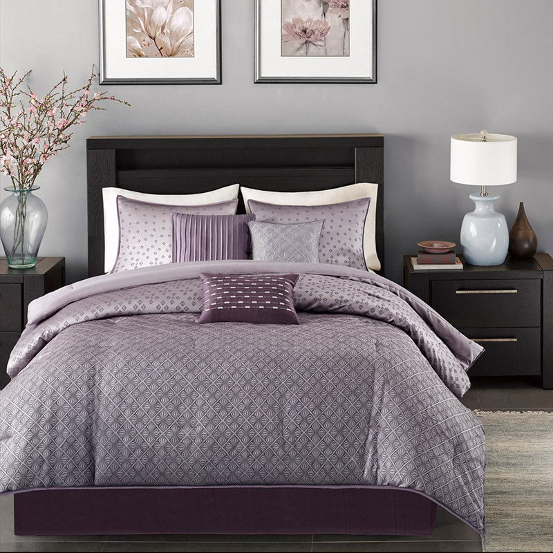 Ensemble d'édredon 7 pièces Jaquard - mauve, Grand + 1 édredon + 5 coussins + 1 jupe de lit