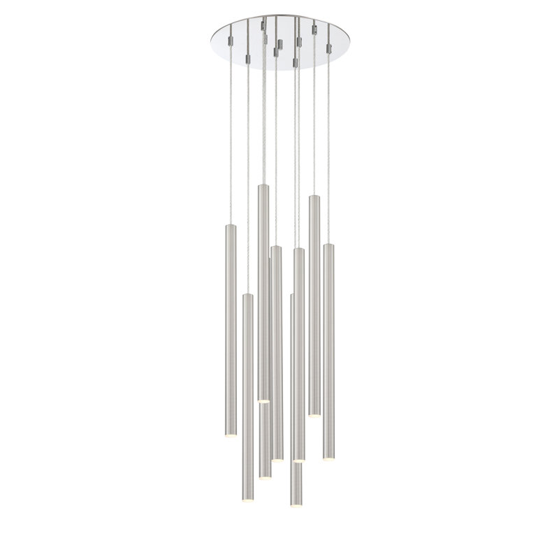 Luminaire suspendu cylindrique à 9 lumières DEL Bowning, Nickel satiné
