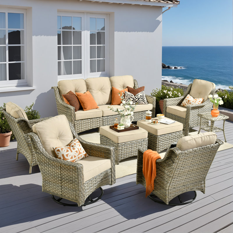 Sturgill 7-Person Outdoor Wicker Patio Furniture Set with Swivel Rocker Chairs&Cushions, All-Weather Rattan Sofa Set for Backyard, Porch & Garden