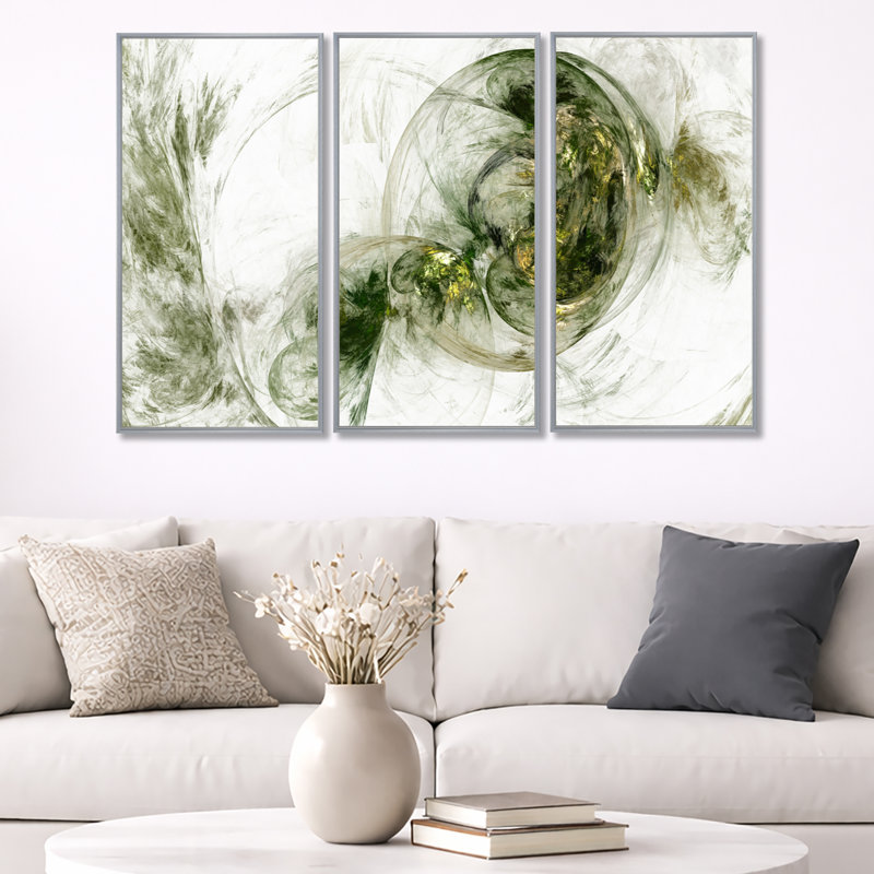 Coloured Smoke Green - ensemble de 3 reproductions d'art encadrées abstraites sur toile, H 28 po x l 36 po, Argent argent