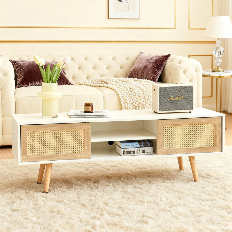 White Tv Console, Solid Wood Legs, Double Sliding Doors, Adjustable Shelf For Home Entertainment Woven 53.58" Size, Shelf, White, Living Room Elegance