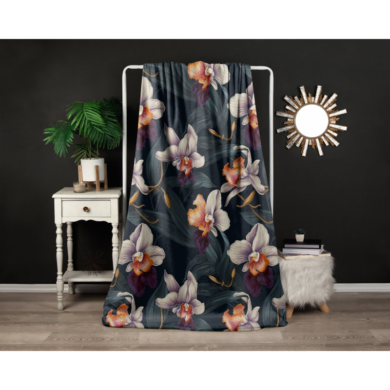 Throw Blanket, 68" W x 80" L, Floral/Abstract, Blue/Orange/Purple
