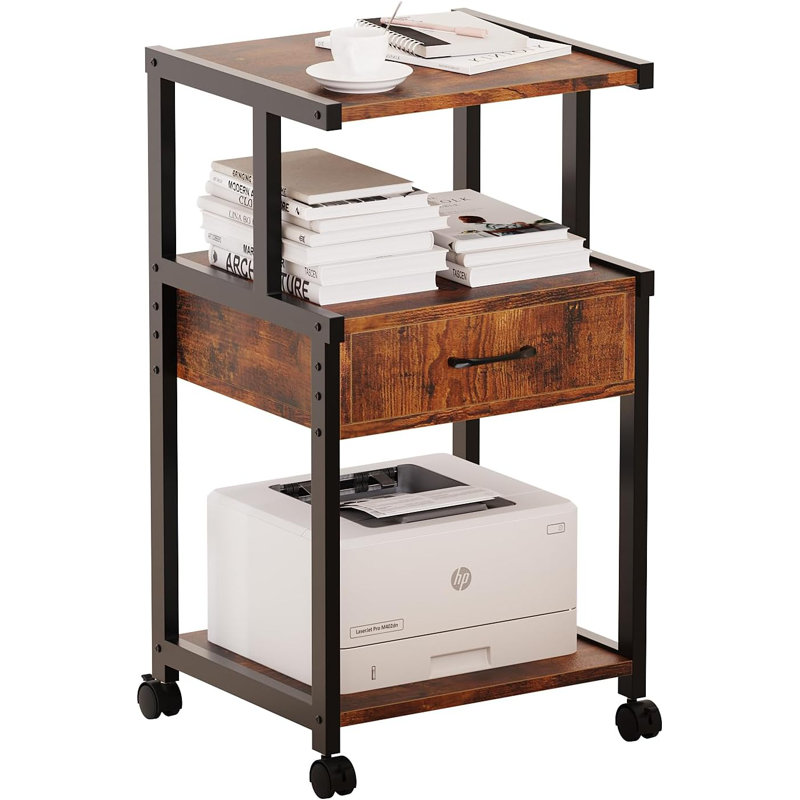 3 Tier Printer Stand with Storage Drawer Rolling Printer Table with Wheels Home Office,Retro, Brown