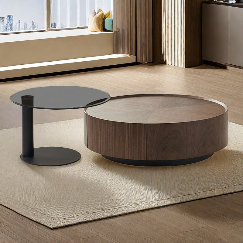 Une combinaison de table basse ronde en noyer minimaliste, H 12,6 po x l 39,4 po x P 39,4 po