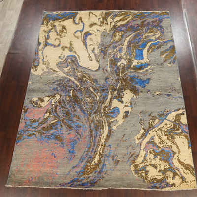 Tapis ivoire noué à la main de conception unique 9 pi 2 po x 12 pi 1 po New Age