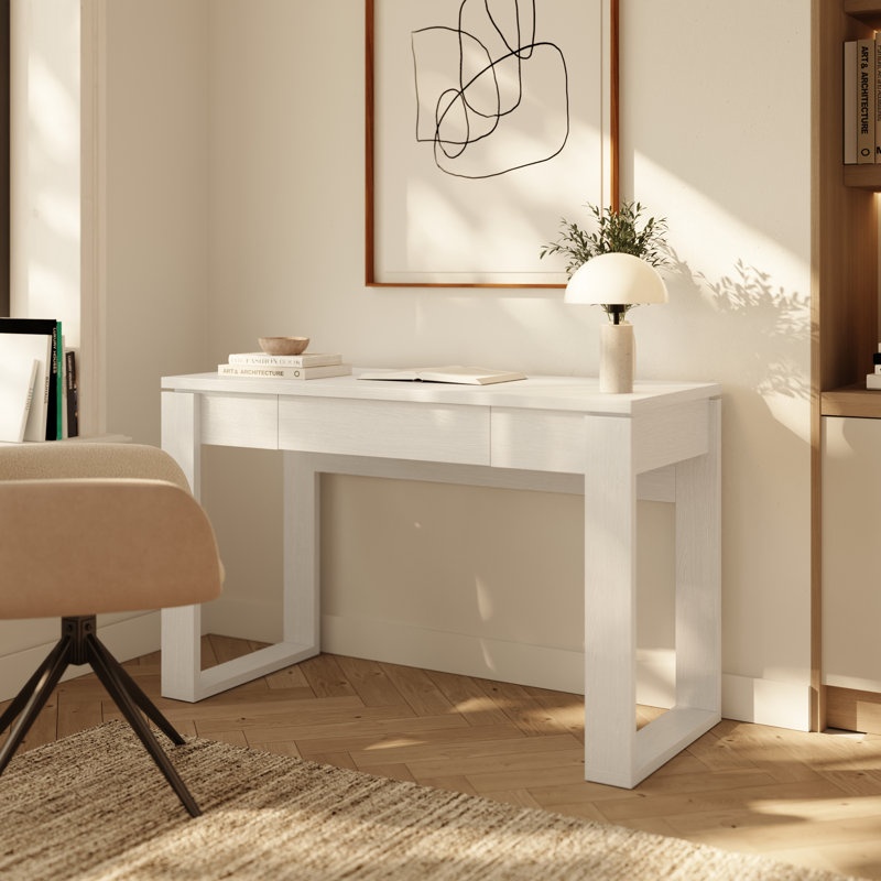 Bureau compact Solen, grain de bois blanc, Blanc