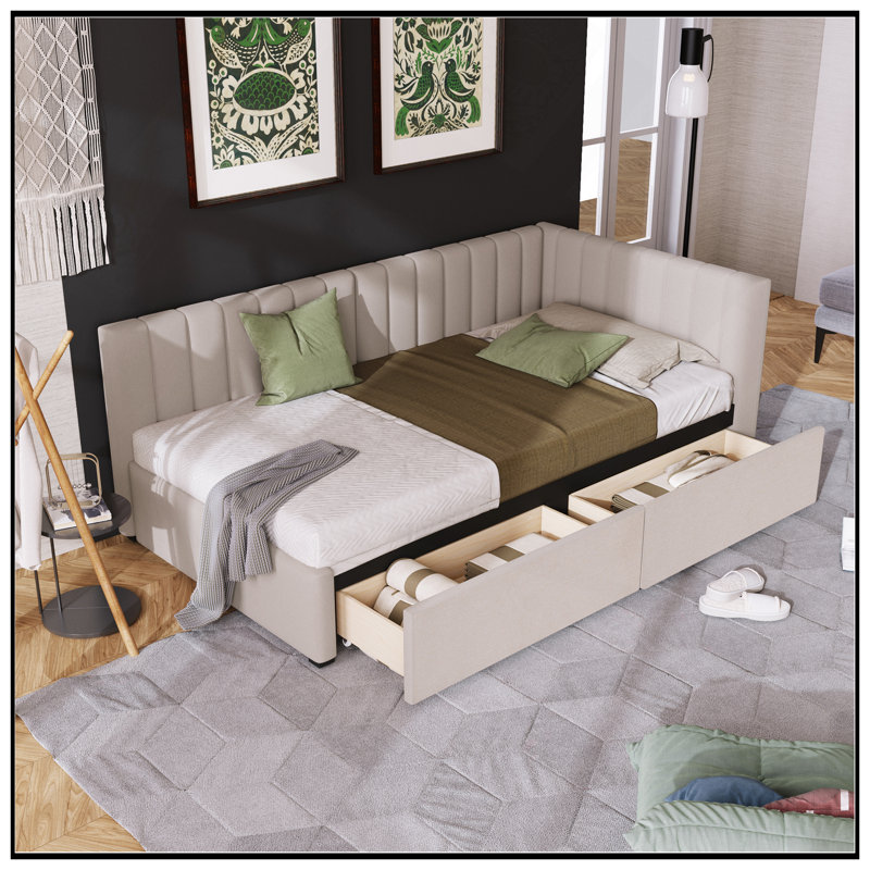 Upholstered Daybed With 2 Storage Drawers, Twin Size Sofa Bed Frame, No Box Spring Needed, Linen Fabric, Beige
