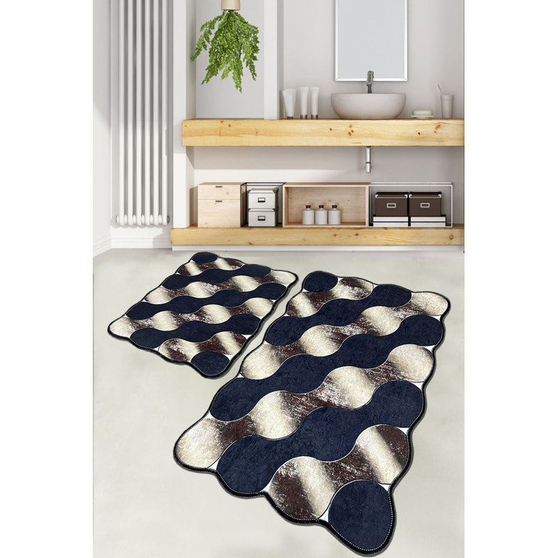 Luxurious Bathmat Set (2 Pieces) in Dark Blue, Gold & Beige | 100% Polyester with Antibacterial Properties | Non-Slip Underside | Large Size: 23.6 x 39.4 inches & 19.7 x 23.6 inches | Soft, Durable & Machine Washable