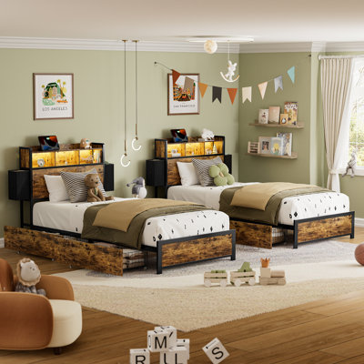Antioch Bed Frame with 2 Underbed Drawers & 2 Bedside Drawers, Modern Bed with Charging Station & LED Light