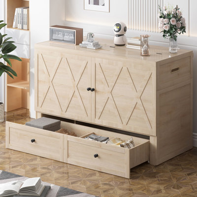 Queen Murphy Bed Cabinet With Charging Station - Solid Wood Wall Bed, 1200lbs Capacity, Extra Storage & Usb Ports(no Mattress Included) by Latitude Run