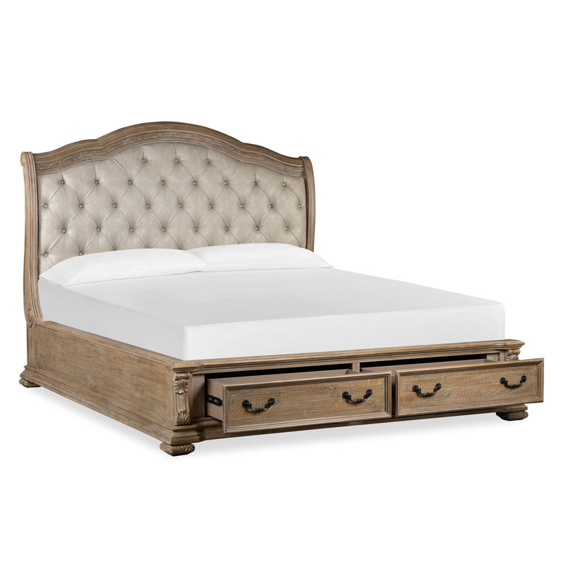 Grand lit-bateau tapissier avec 2 commodes, Beige, Grand, Ensemble de 3 pièces : lit, 2 tables de chevet