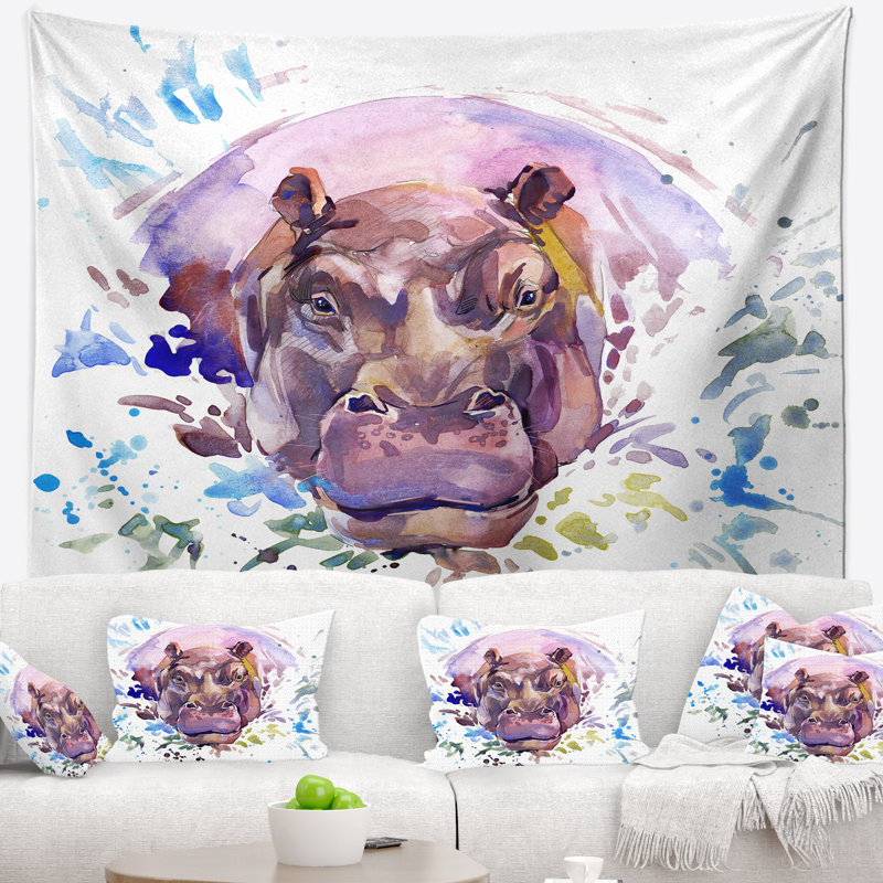 Tapisserie aquarelle hippopotame Animal, H 50 po x l 60 po