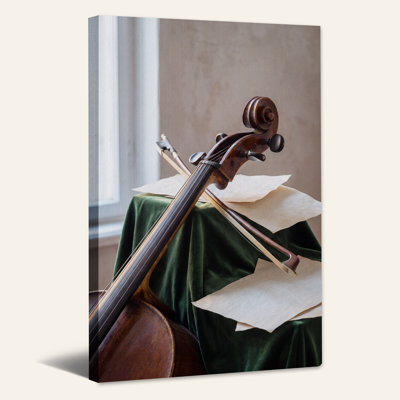 «Cello Scroll and Bow on Green Velvet», art mural