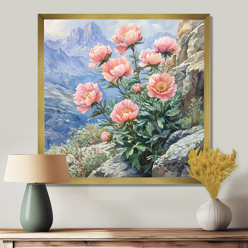 Gondolfi pivoines sur les falaises de montagne II - pivoines, art mural, Reproduction encadrée d'une seule photo, Doré