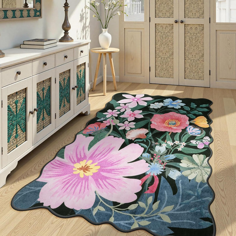Tapis lavable pour tapis de salon antidérapant à motif floral antidérapant, Rectangle 5 pi x 7 pi