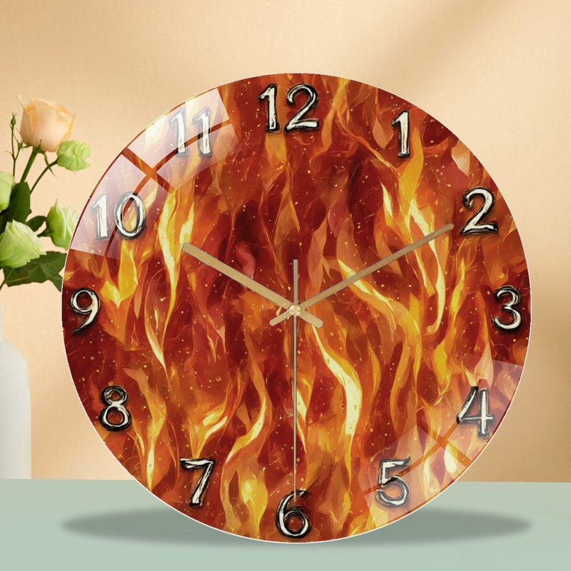 Fire Background Clock Numbers Art - 12'' Modern Glass Wall Clock