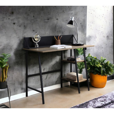 Oak Desk With Rustic Look And Black Metal Legs For Office Use Stylish Base Shelving