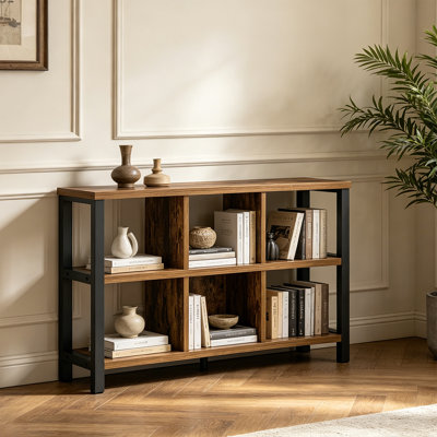 6 Cube Horizontal Bookshelf, Industrial Wood And Metal Cubby Bookcase, Storage Organizer For Bedroom Living Room