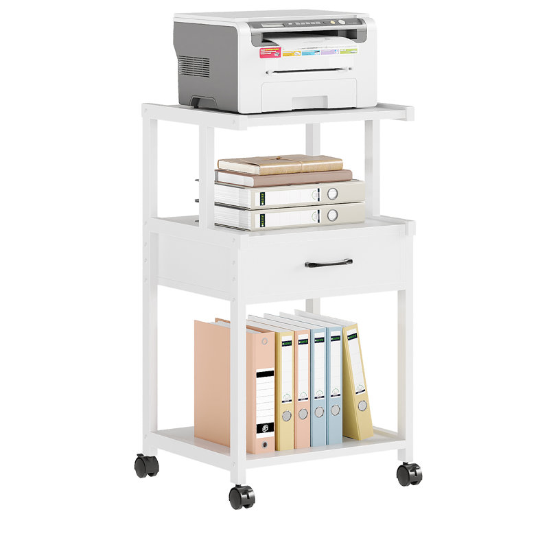 3 Tier Printer Stand with Storage Drawer Rolling Printer Table with Wheels Home Office,Retro, White