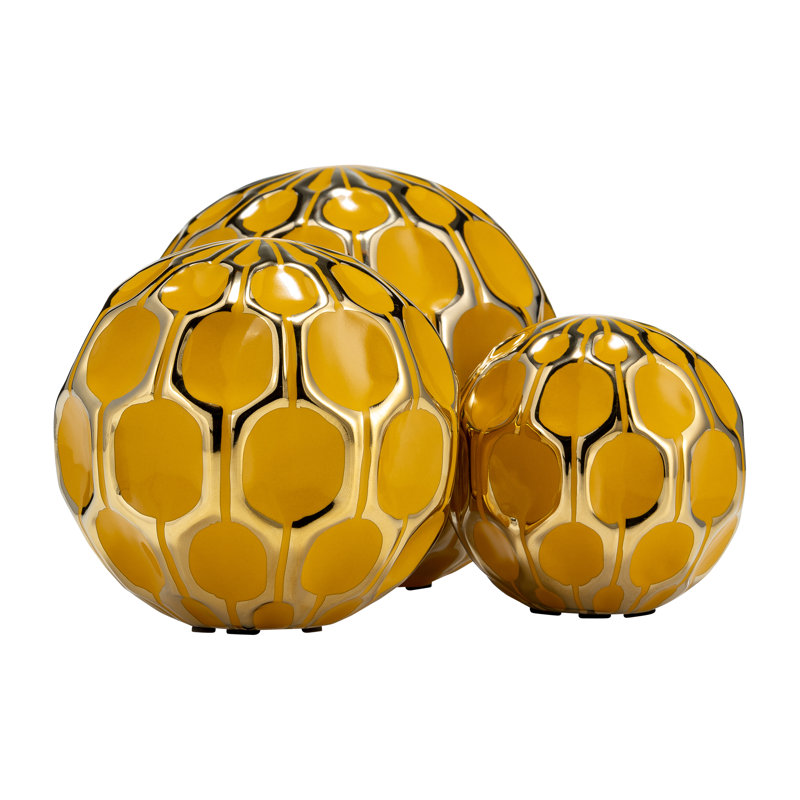 Decorative Stoneware and Ceramic Orbs with Glossy Geometric Design, Set of 3