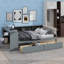 Lit plateforme double avec tablettes, tiroirs, port de charge et tête de lit recouverte de tissu-23677573