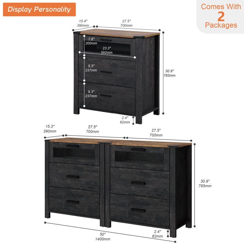 Ensemble de 2 grandes tables de chevet à 3 tiroirs | Table de chevet élégante et table de bout de salon avec commode