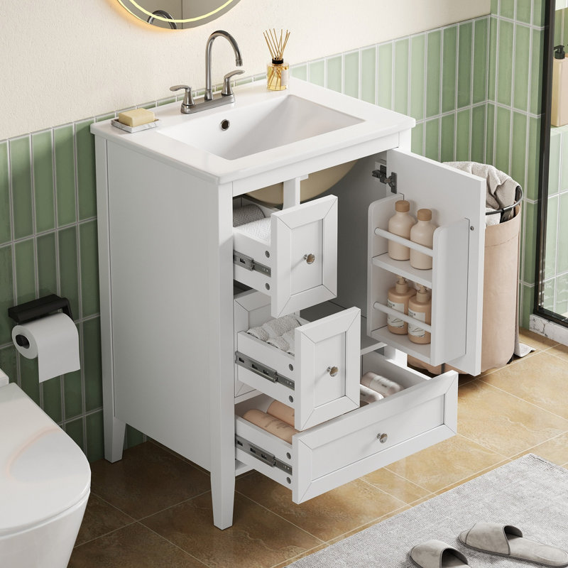 Meuble-lavabo moderne 24 po avec lavabo en céramique, pieds en bois massif, porte et tiroir à fermeture en douceur, support de rangement, finition de surface peinte