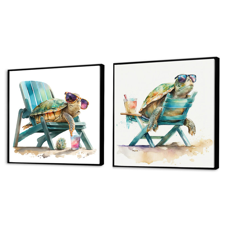 Turtle Laying On A Beach Chair With Sunglasses - Animals Square Collage Set Of 2, Black Floater Framed, 16" H x 33" W