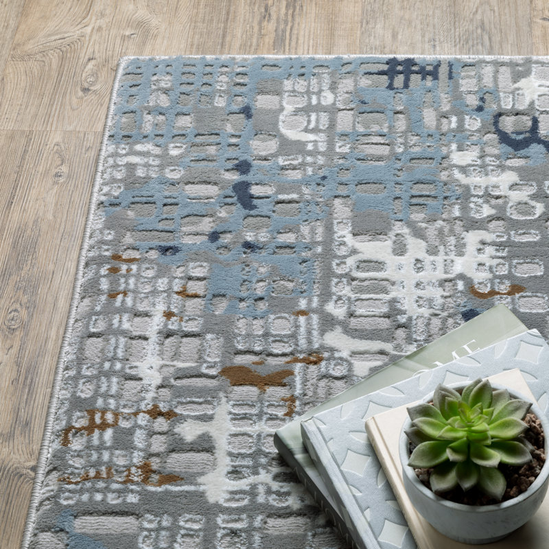 Tapis gris / bleu clair à motif abstrait tissé à la machine 8 pi x 11 pi, Tapis de couloir 2 pi 3 po x 7 pi 6 po