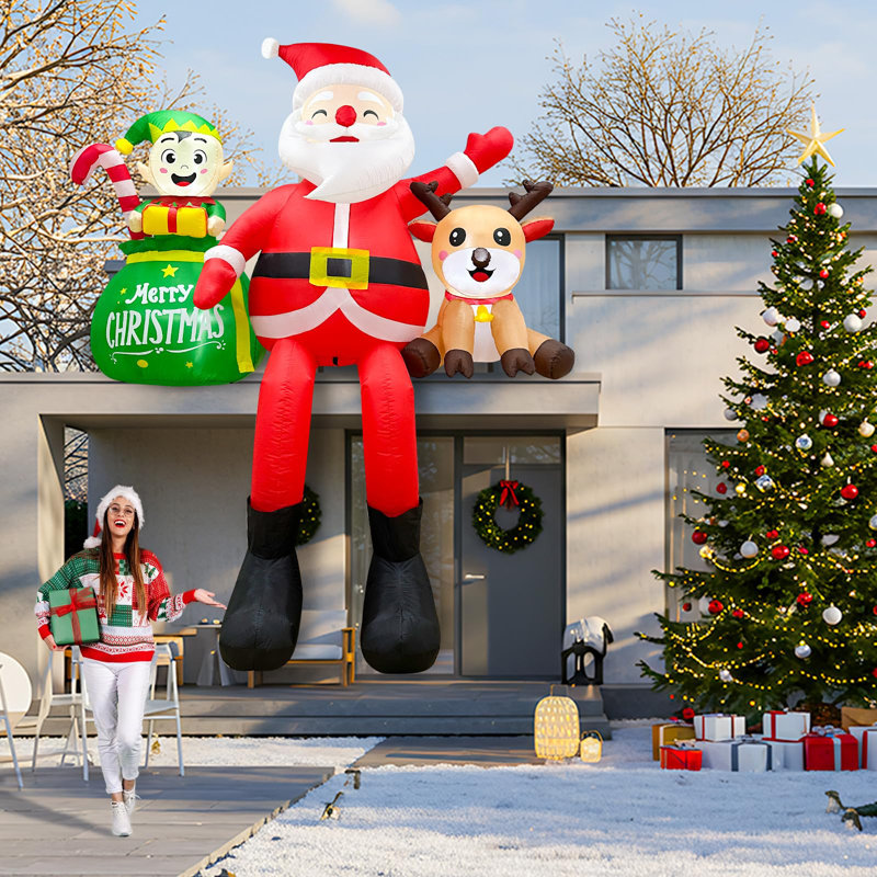 Décoration de Noël gonflable de Noël de 8 pi avec un père Noël renne, un décor lumineux à DEL pour balcon de toit, décorations de Noël géantes