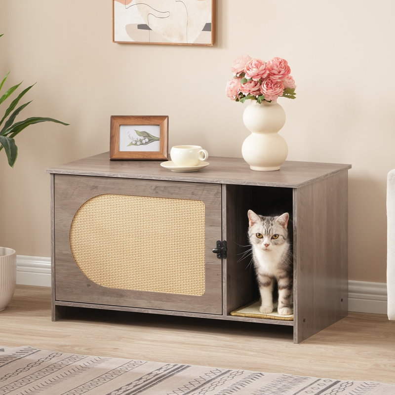 Enceinte de litière pour chat 31,4 "avec porte en rotin, Grey