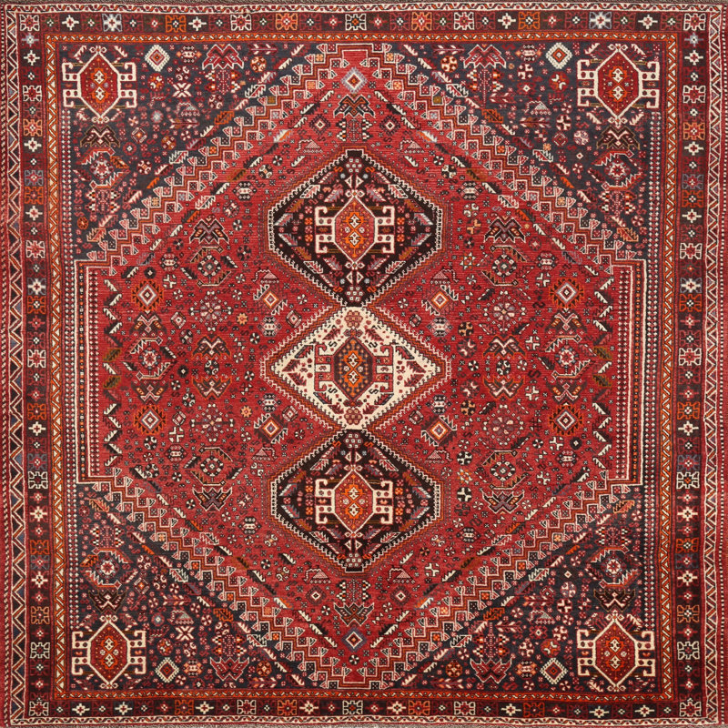 Tapis traditionnel rouge / beige / noir, Rond 7 pi