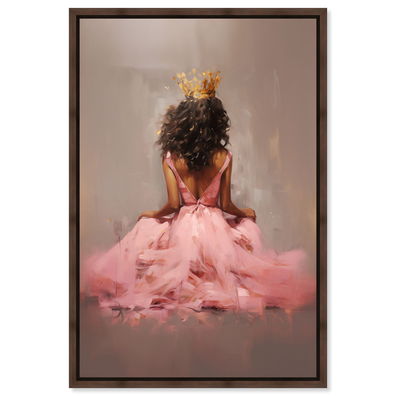 Princesse en toile rose, portrait ébène par Art Remedy, Cadre blanc, H 16 po x l 11 po
