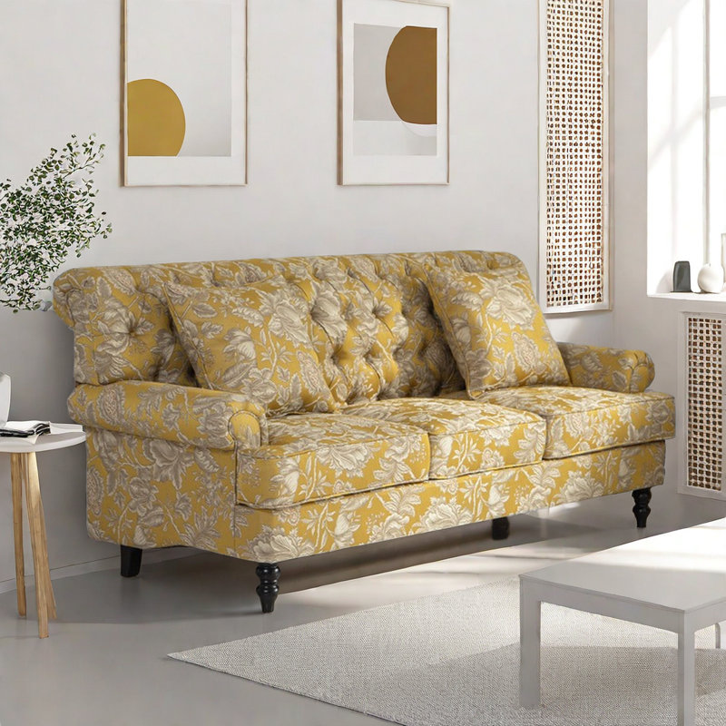 Simple Yellow Solid Wood Sofa 82.6'' Upholstered Sofa