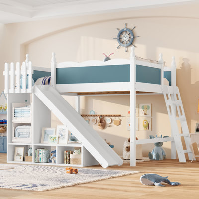 Lit mezzanine double avec tablettes et armoire de rangement, lit mezzanine en bois massif avec échelle et échelle amovibles, bleu et blanc