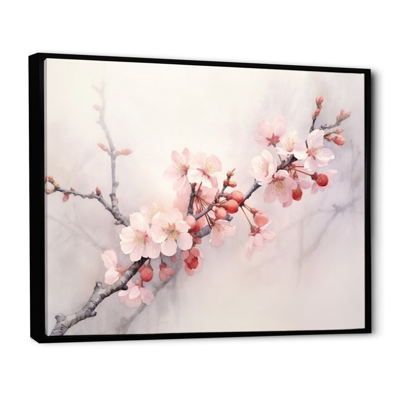 Minimalist Pink Cherry Blossoms II sur impression sur toile, Cadre flottant noir, H 12 po x l 20 po x P 1 po