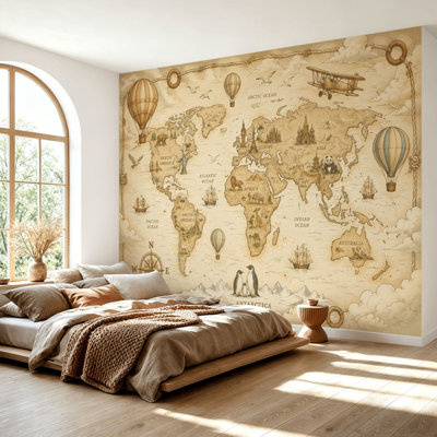 Wall Mural Peel and Stick Wallpaper Vintage World Map Landmarks Hot Air Balloons Self-Adhesive Removable Contact Paper Wall Decor for Living Room Bedroom 69"H x 96"W