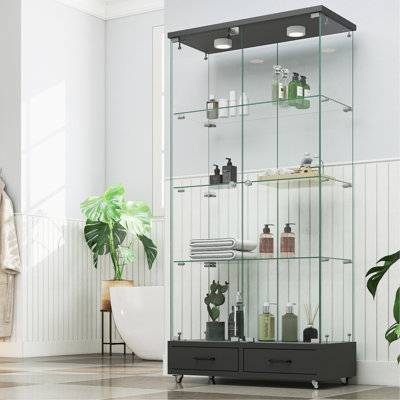 Vitrine moderne en verre avec 2 grands tiroirs, armoire antique à assemblage rapide avec lumières DEL, bibliothèque en verre trempé, armoire de rangement à 2 portes avec 4 tablettes pour le salon et la chambre à coucher
