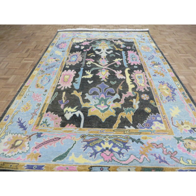 Tapis noir en laine noué à la main de conception unique 6 pi x 9 pi 1 po Hurst
