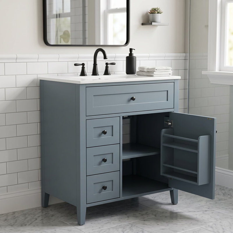 Meuble-lavabo autoportant de 30 po avec lavabo bleu pour rangement de salle de bain, Bleu gris