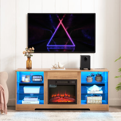 Meuble télé 58 po avec foyer électrique, effet de flamme 3D, lumières DEL, pour téléviseurs de 32 à 62 po, armoire de cheminée en chêne, flamme, l 58 po réglable pour chêne